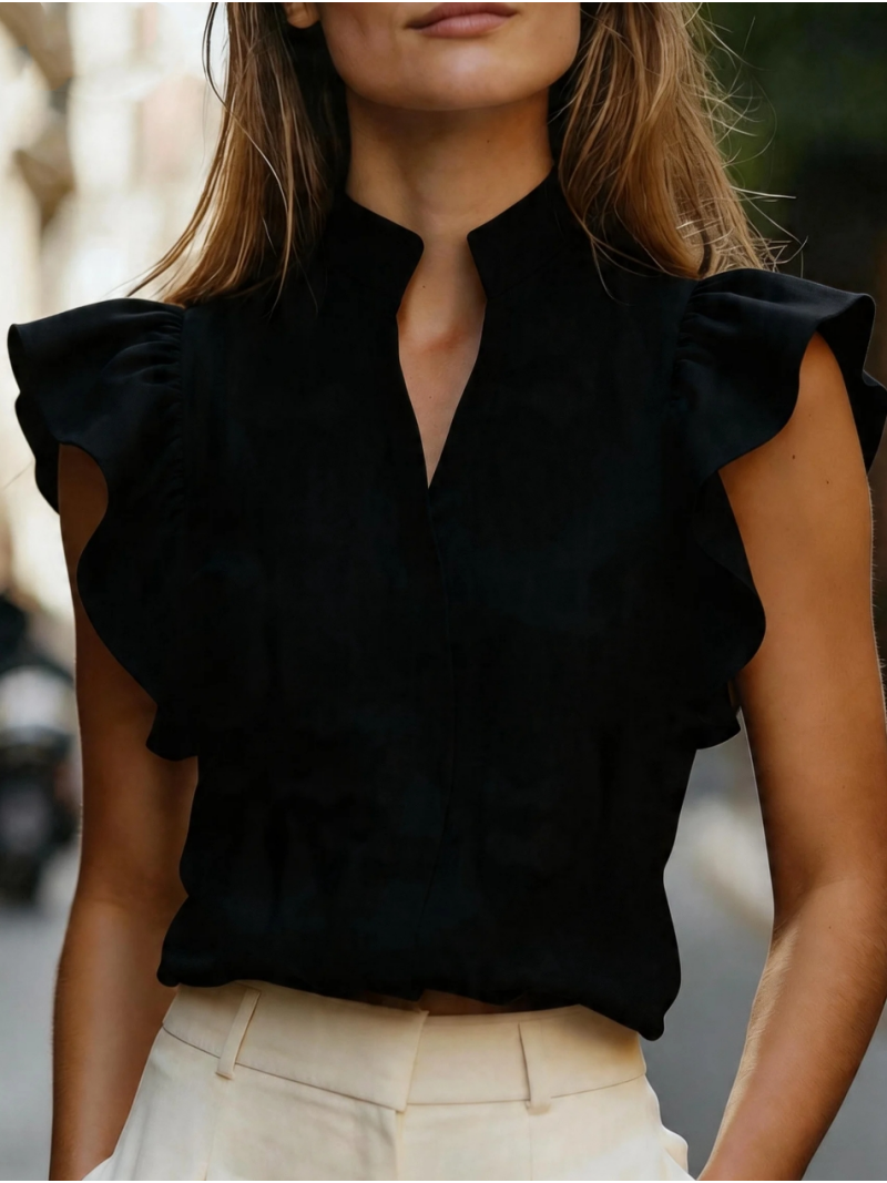 Shirt Camp Collar - Sleeveless Ruffle Sleeve Top Stand Collar