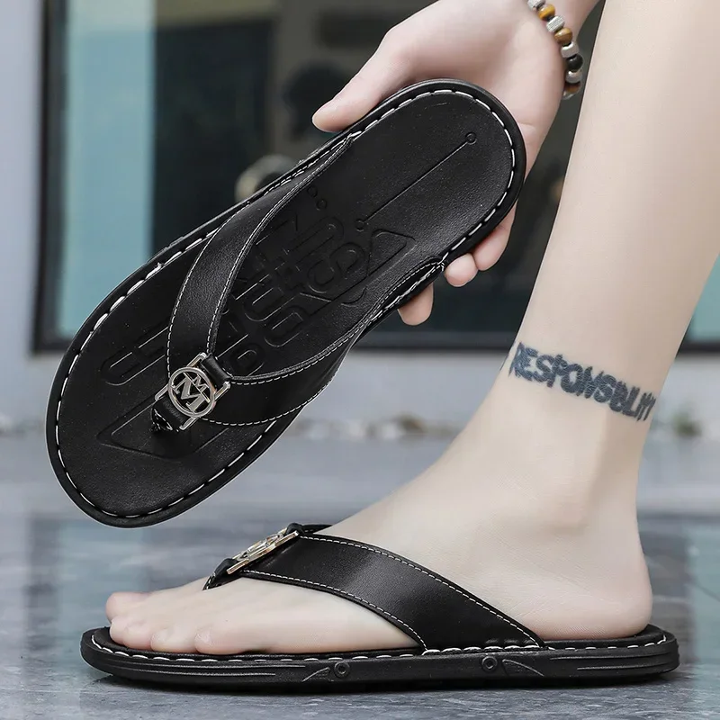 Flip Flop Leather Men - Men's Flip-flops Solid Color with Leather