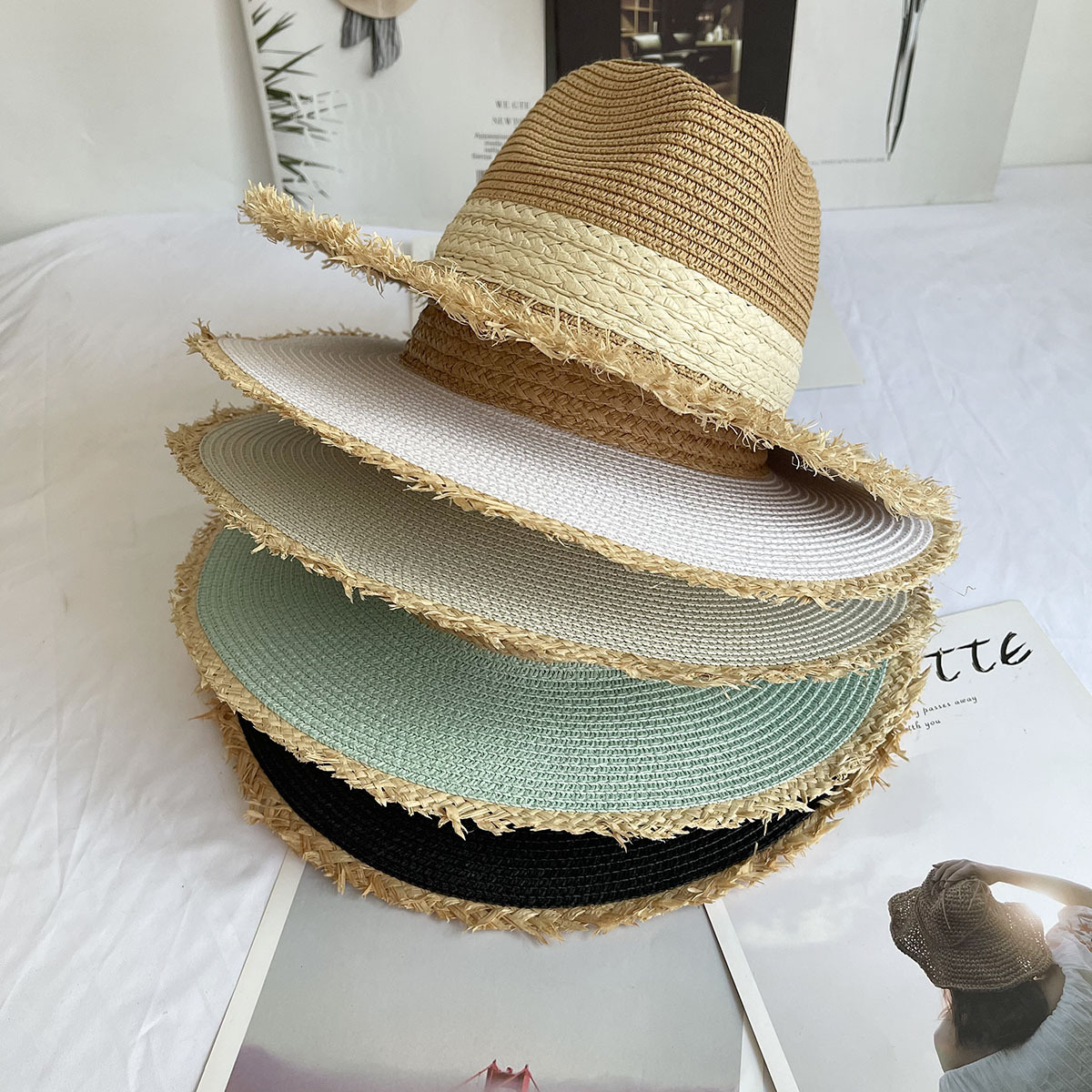 Fringed Brim Panama Hat Wide B - Bucket Hat Straw avaliação e preço