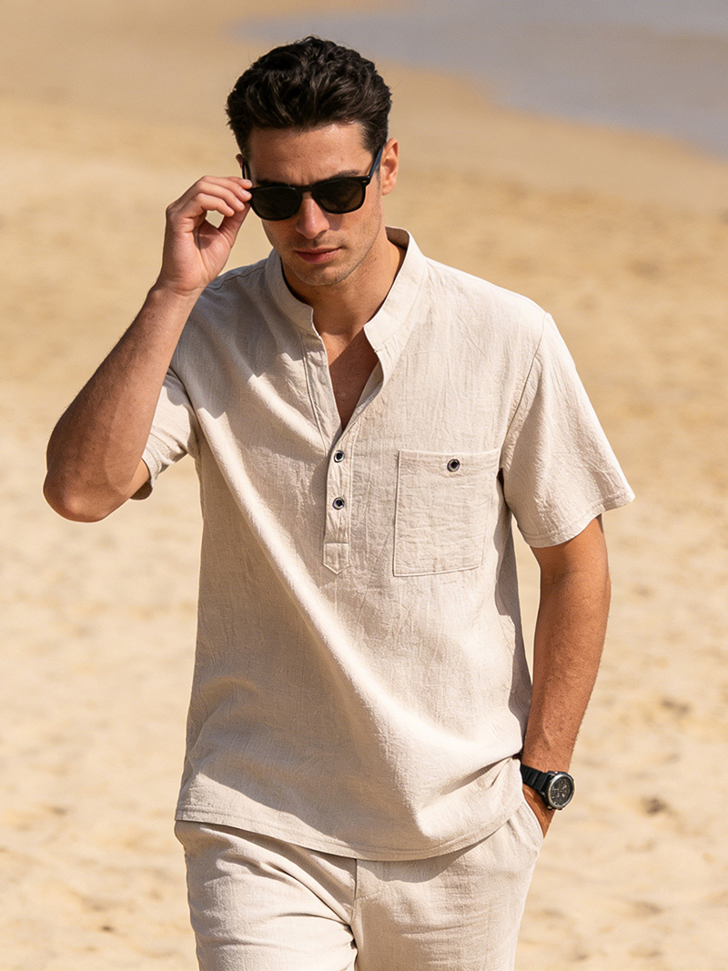 Men's Cotton Linen Henley Shir - Linen Shirt Breathable avaliação e preço