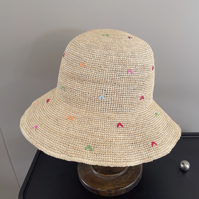 Women Embroidery Heart Raffia  - Bucket Hat Straw avaliação e preço
