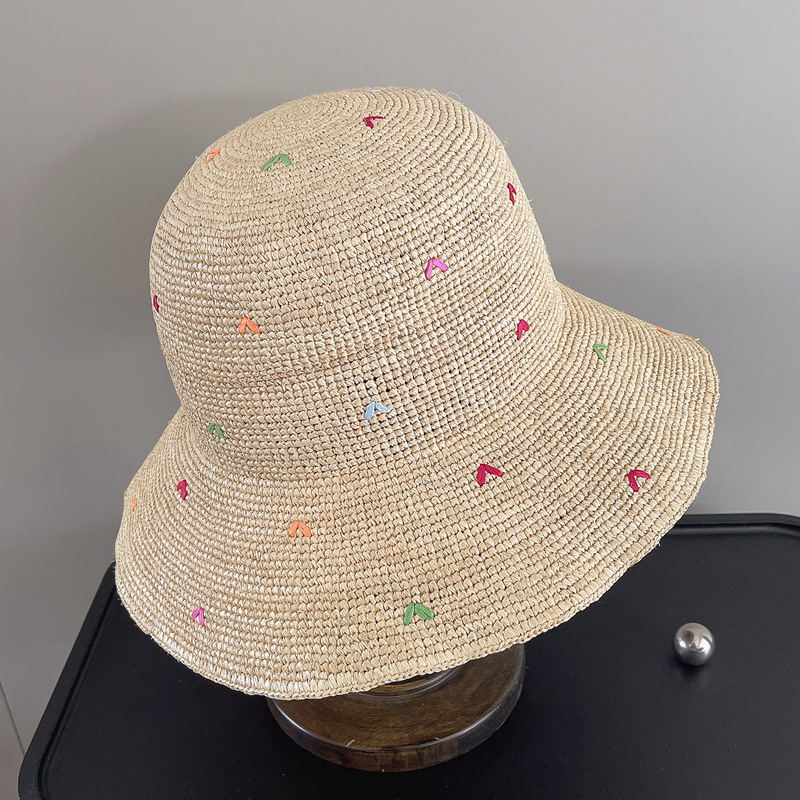 Women Embroidery Heart Raffia  - Bucket Hat Straw avaliação e preço