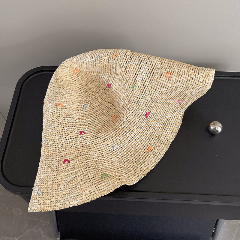 Women Embroidery Heart Raffia  - Bucket Hat Straw avaliação e preço
