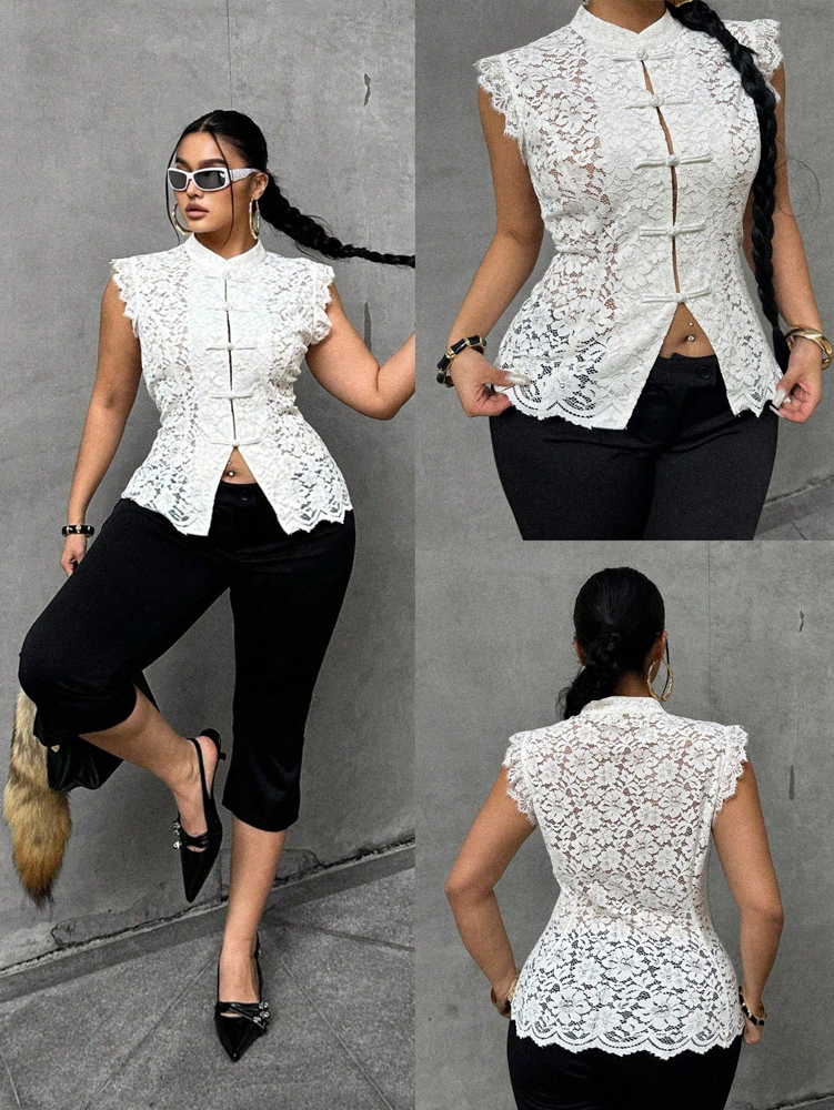 Plus Size Elegant Lace Blouse, - Shirt Camp Collar avaliação e preço