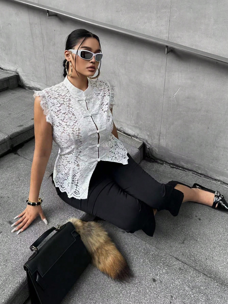 Plus Size Elegant Lace Blouse, - Shirt Camp Collar avaliação e preço