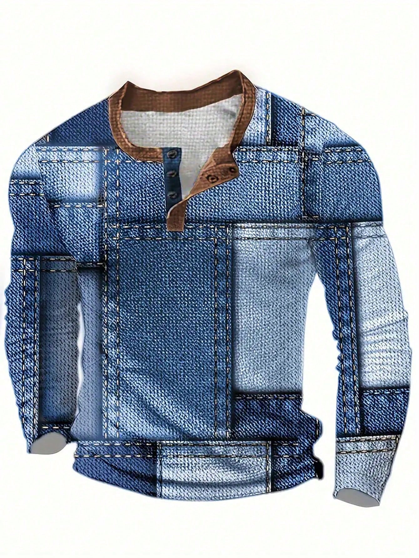 Men's Denim-Print Long Sleeve  - Tee Graphic Print avaliação e preço