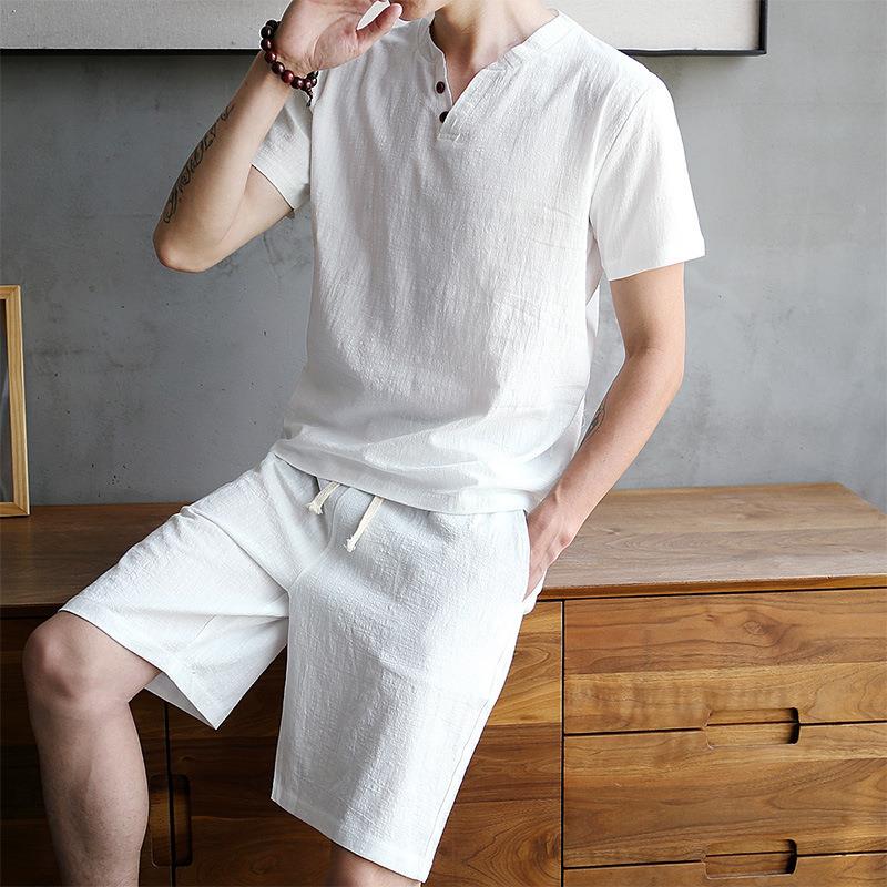 Men's Cotton Linen Set T-shirt - Linen Shirt Breathable avaliação e preço