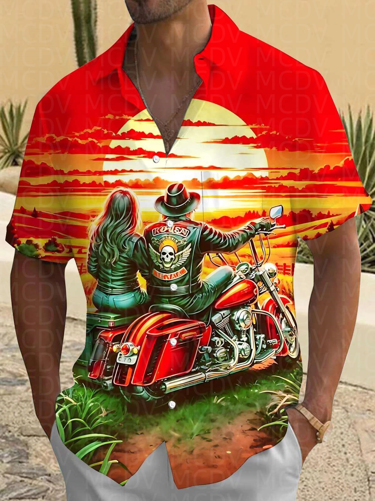 Motorcycle Pattern Men's Hawai - Shirt Camp Collar avaliação e preço