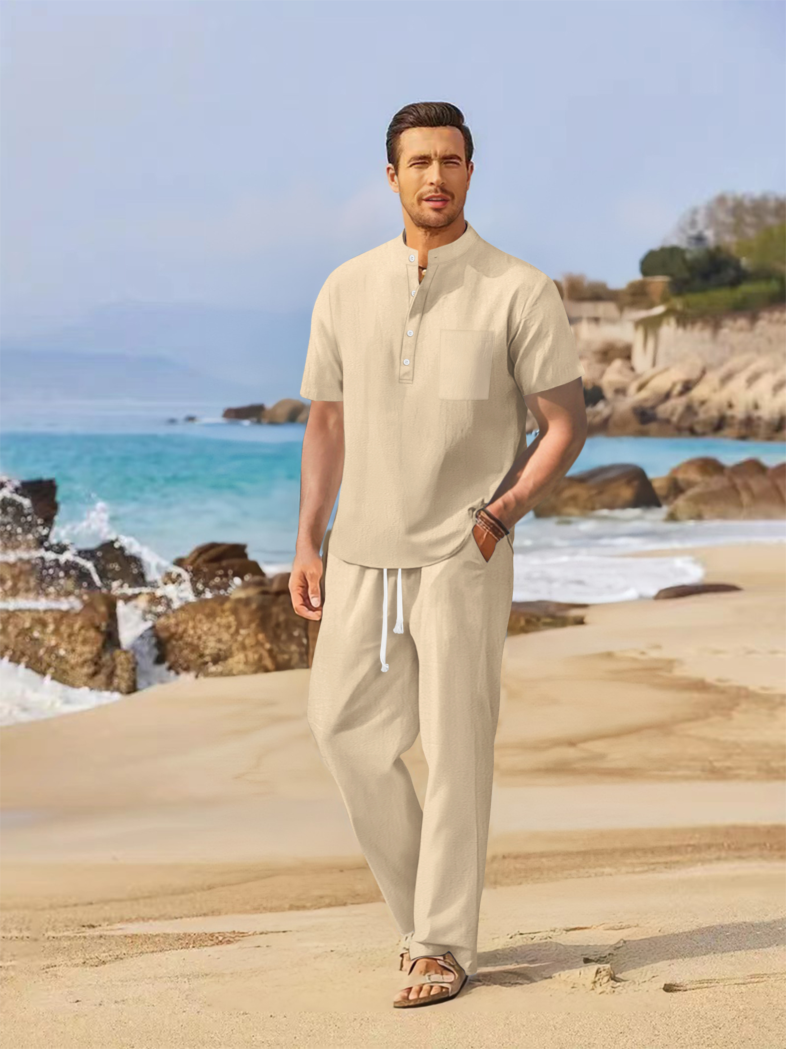Summer men's cotton and linen  - Short Linen Drawstring avaliação e preço