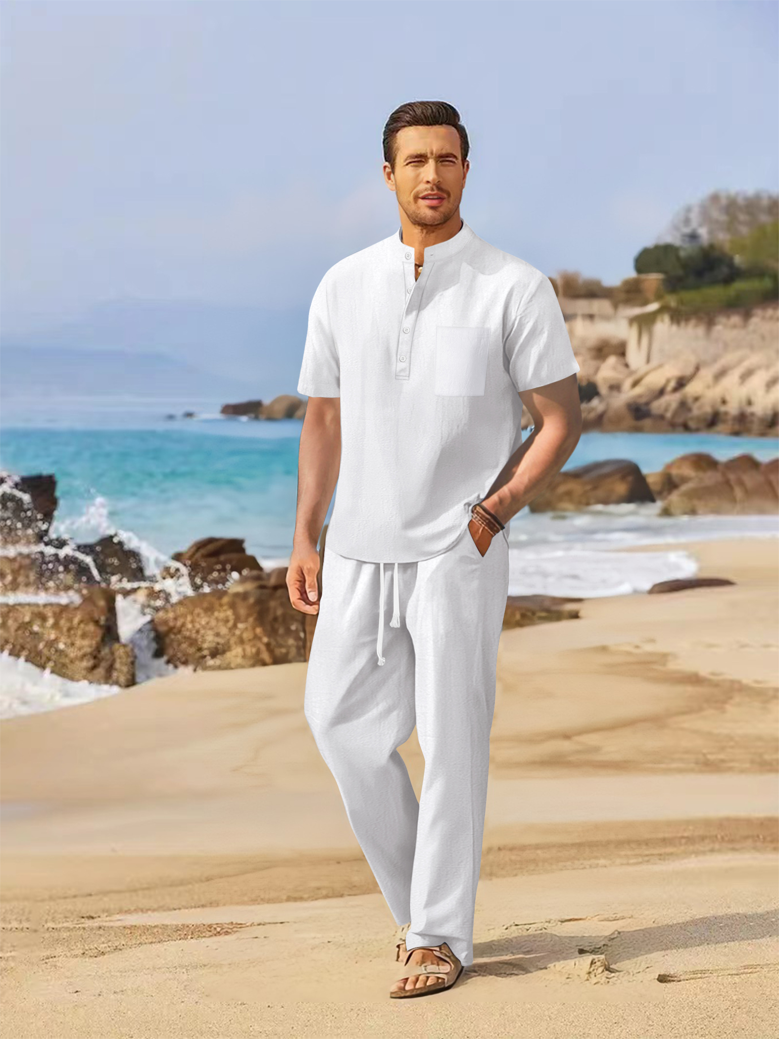 Summer men's cotton and linen  - Short Linen Drawstring avaliação e preço