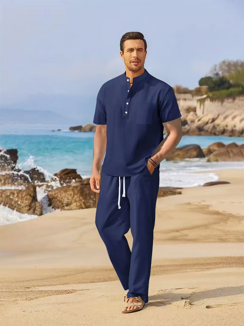 Summer men's cotton and linen  - Short Linen Drawstring avaliação e preço