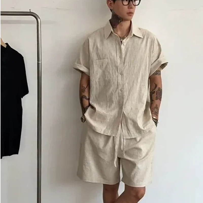 Mens Linen Cotton 2 Piece Set  - Linen Shirt Breathable avaliação e preço