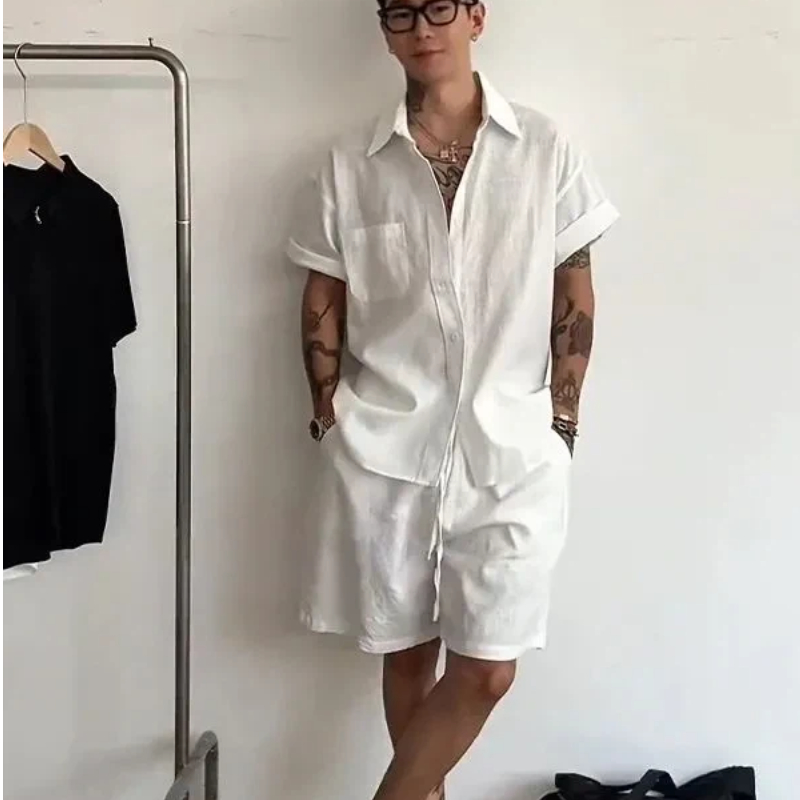 Mens Linen Cotton 2 Piece Set  - Linen Shirt Breathable avaliação e preço