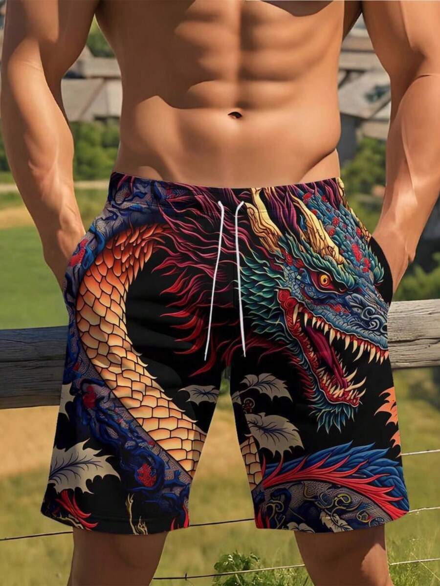 Mens Dragon Print Drawstring W - Swim Trunk Quick Dry avaliação e preço