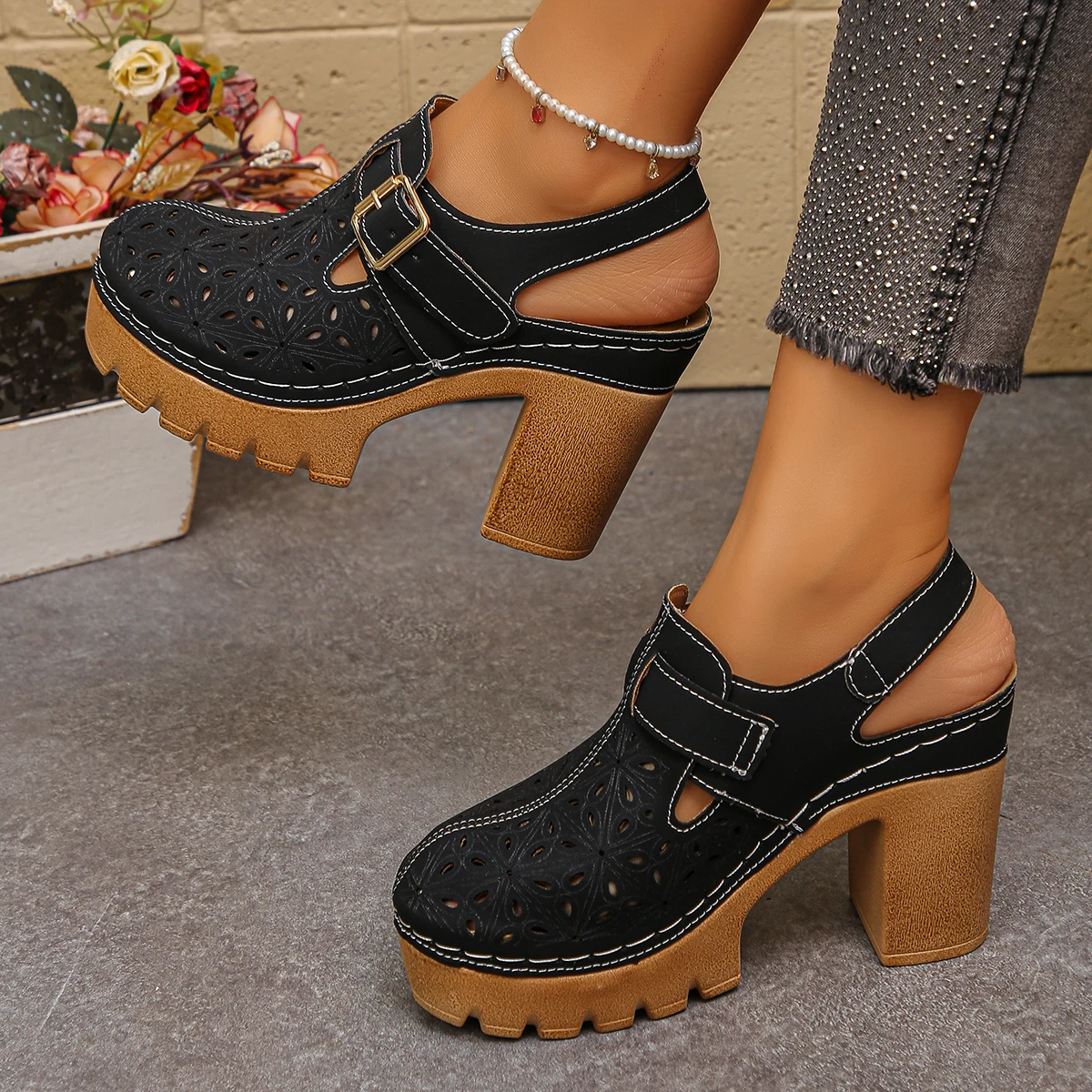 Large Size Women's Thick Heel  - Casual Sandal Leather avaliação e preço