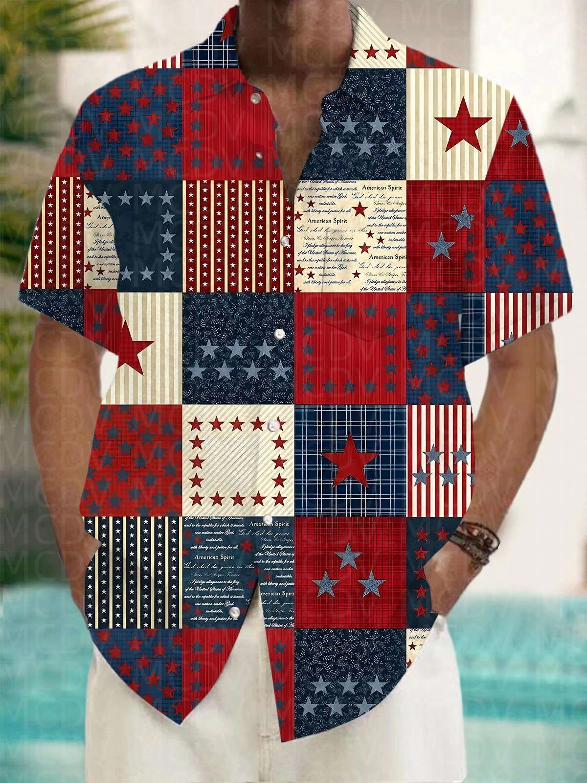 Flag Pattern Style Men's Hawai - Shirt Camp Collar avaliação e preço