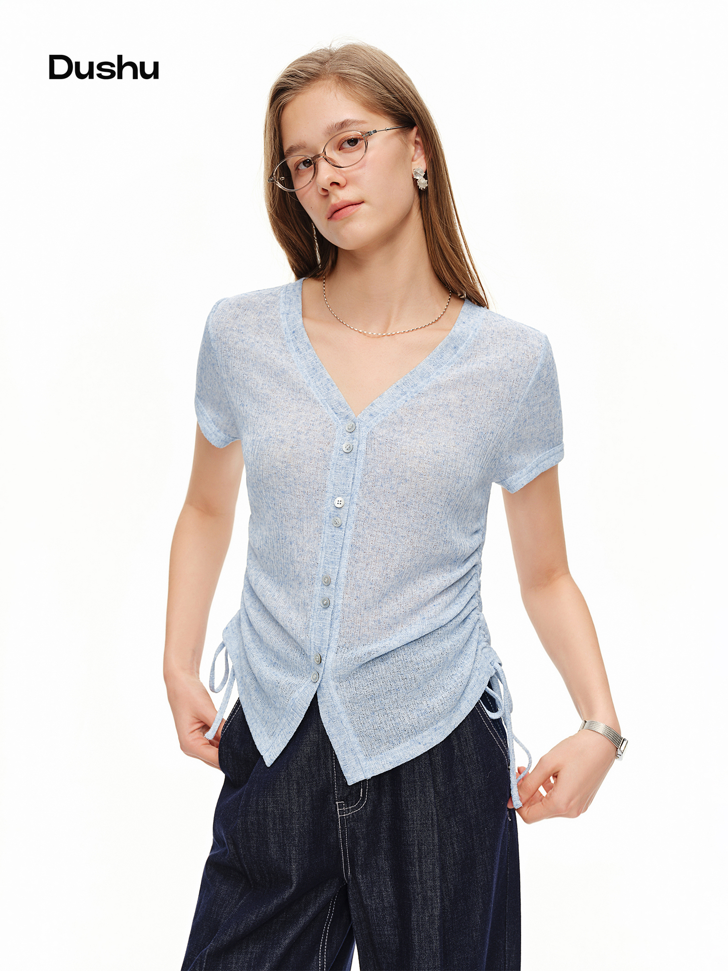 DUSHU Lightweight V-neck Linen - Short Linen Drawstring avaliação e preço