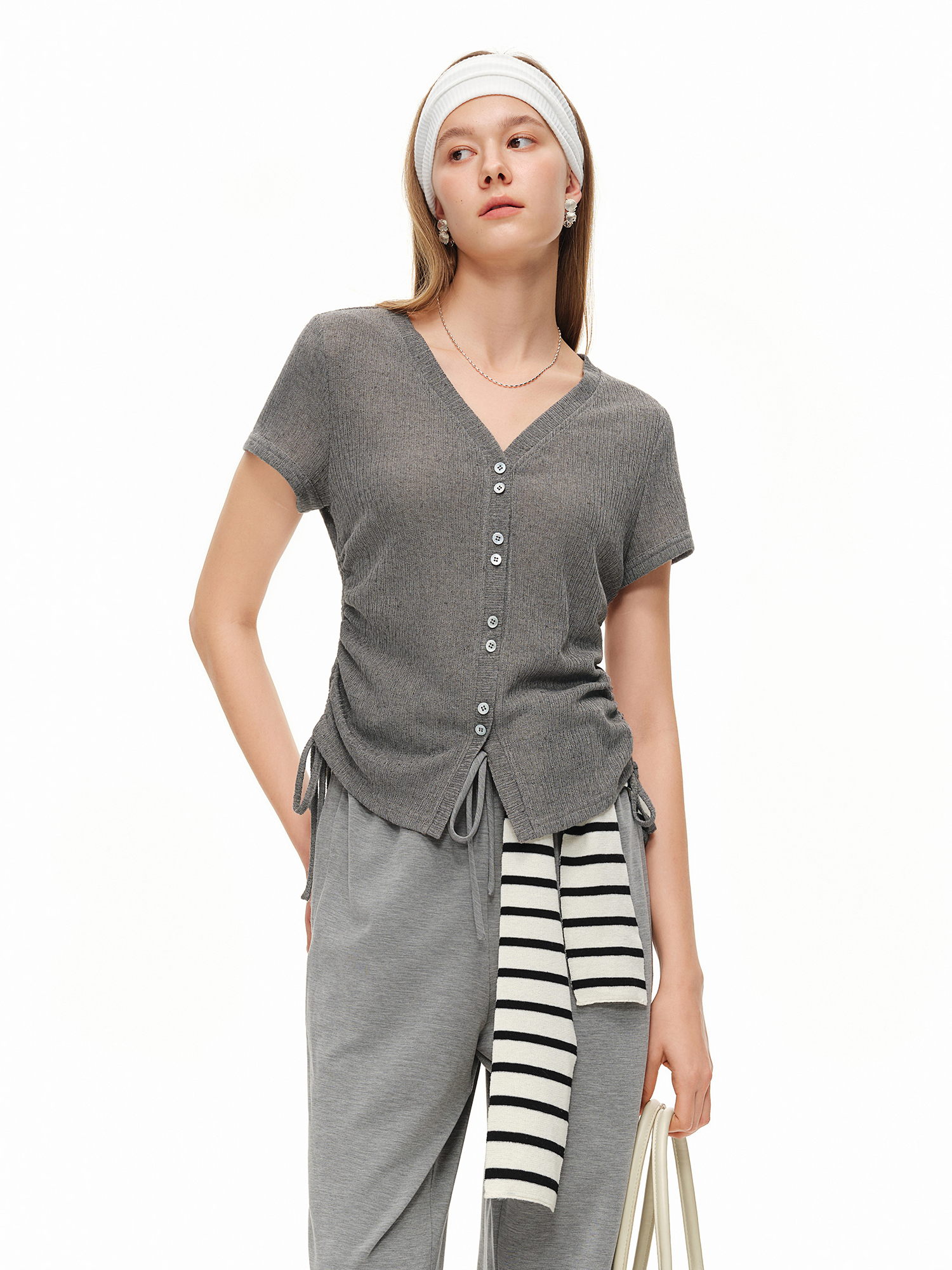DUSHU Lightweight V-neck Linen - Short Linen Drawstring avaliação e preço