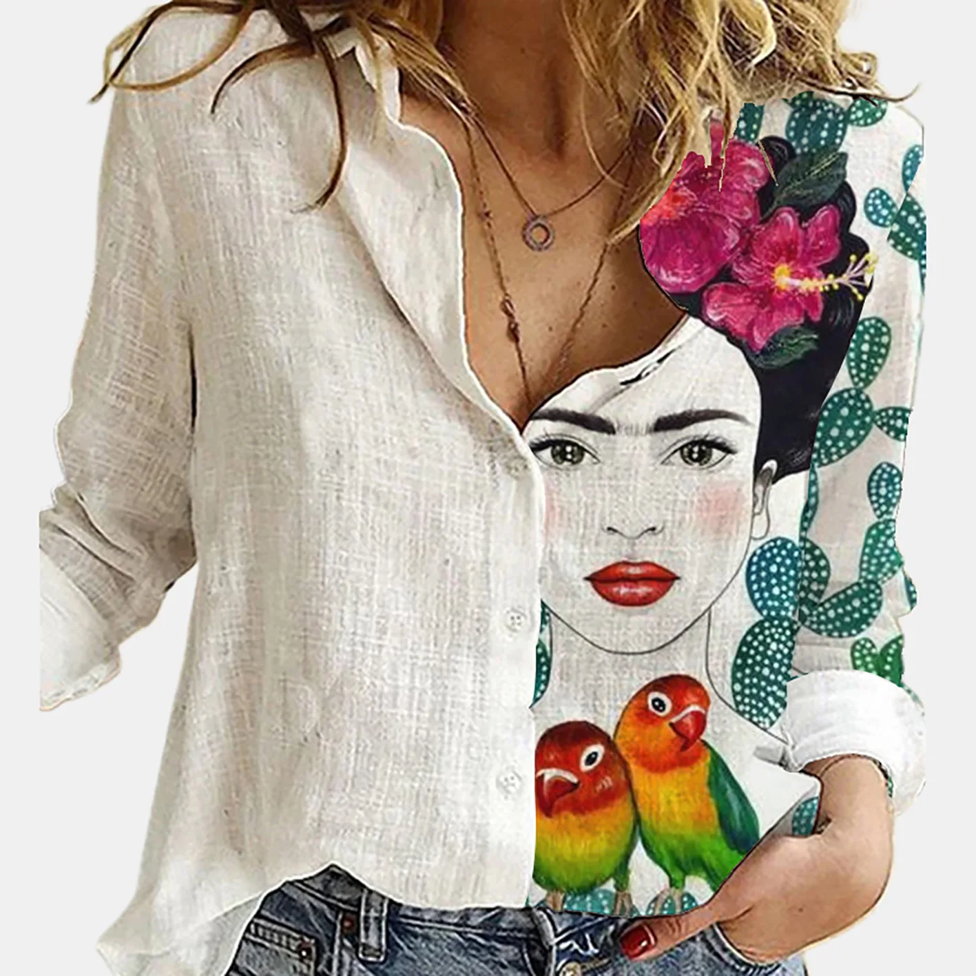 Women Spring And Autumn Long S - Shirt Camp Collar avaliação e preço
