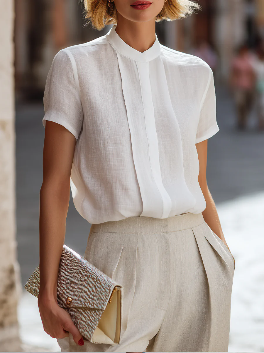 Women's Short Sleeve Pleated F - Shirt Camp Collar avaliação e preço