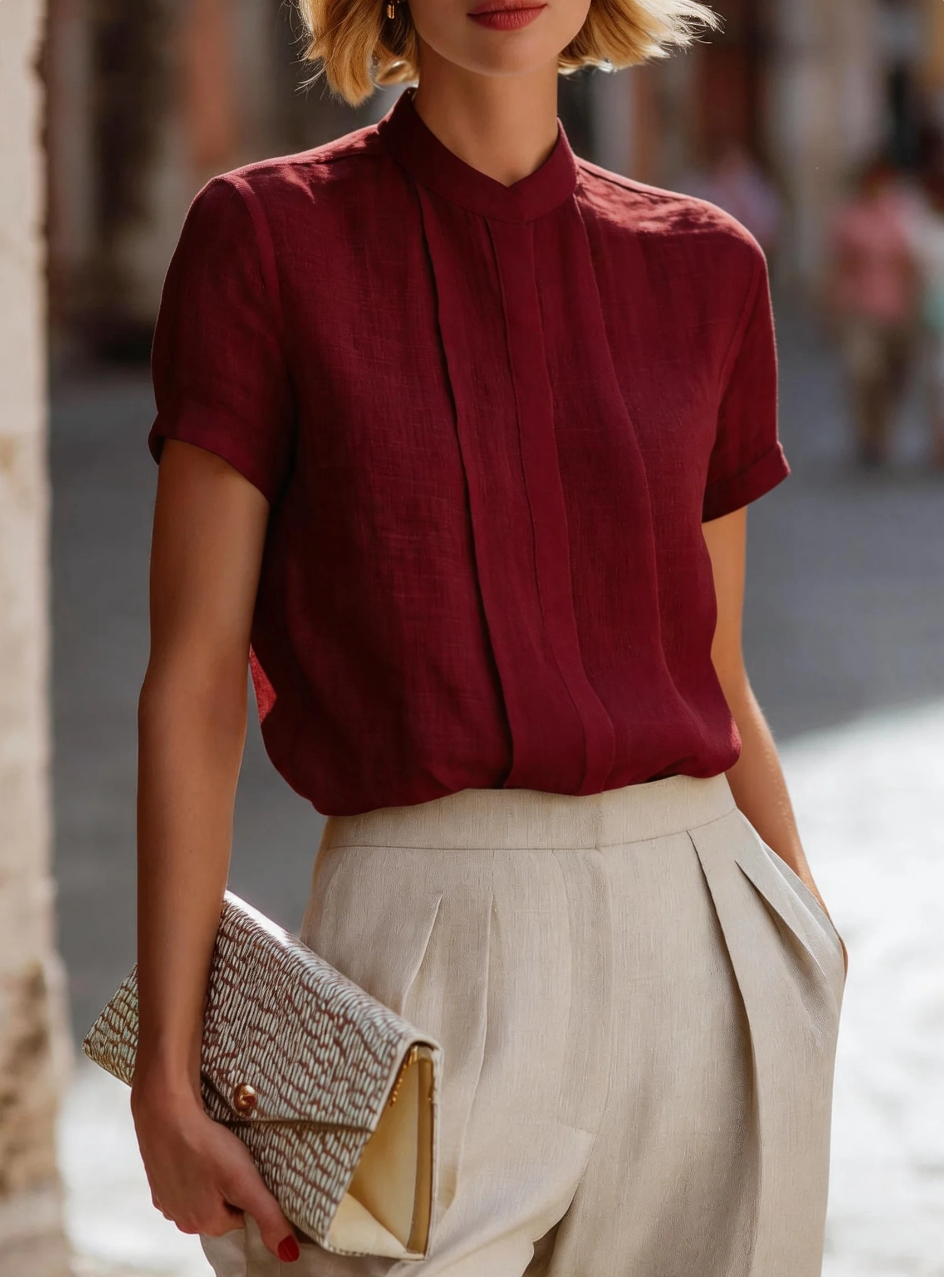 Women's Short Sleeve Pleated F - Shirt Camp Collar avaliação e preço