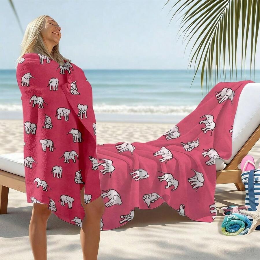 Elephant Pattern, Pink Backgro - Beach Towel Large avaliação e preço