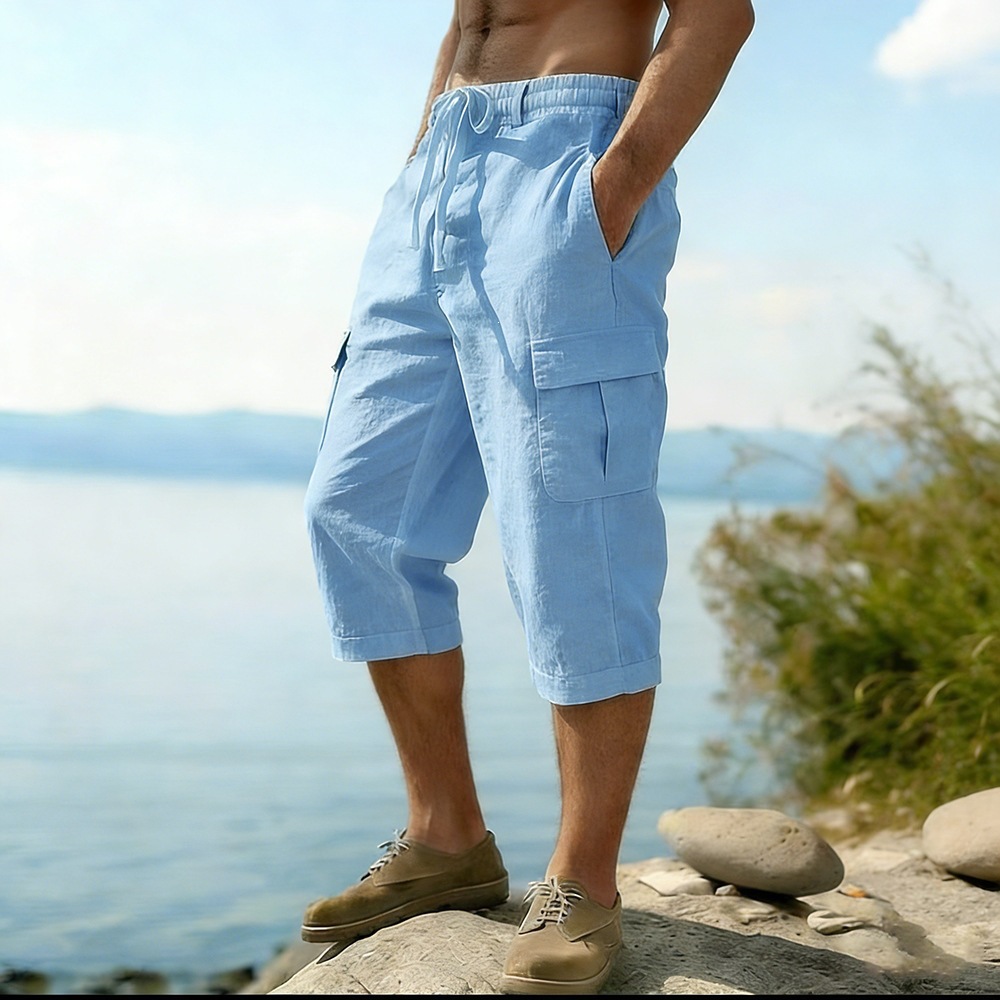 Men Summer Cotton Linen Shorts - Short Linen Drawstring avaliação e preço
