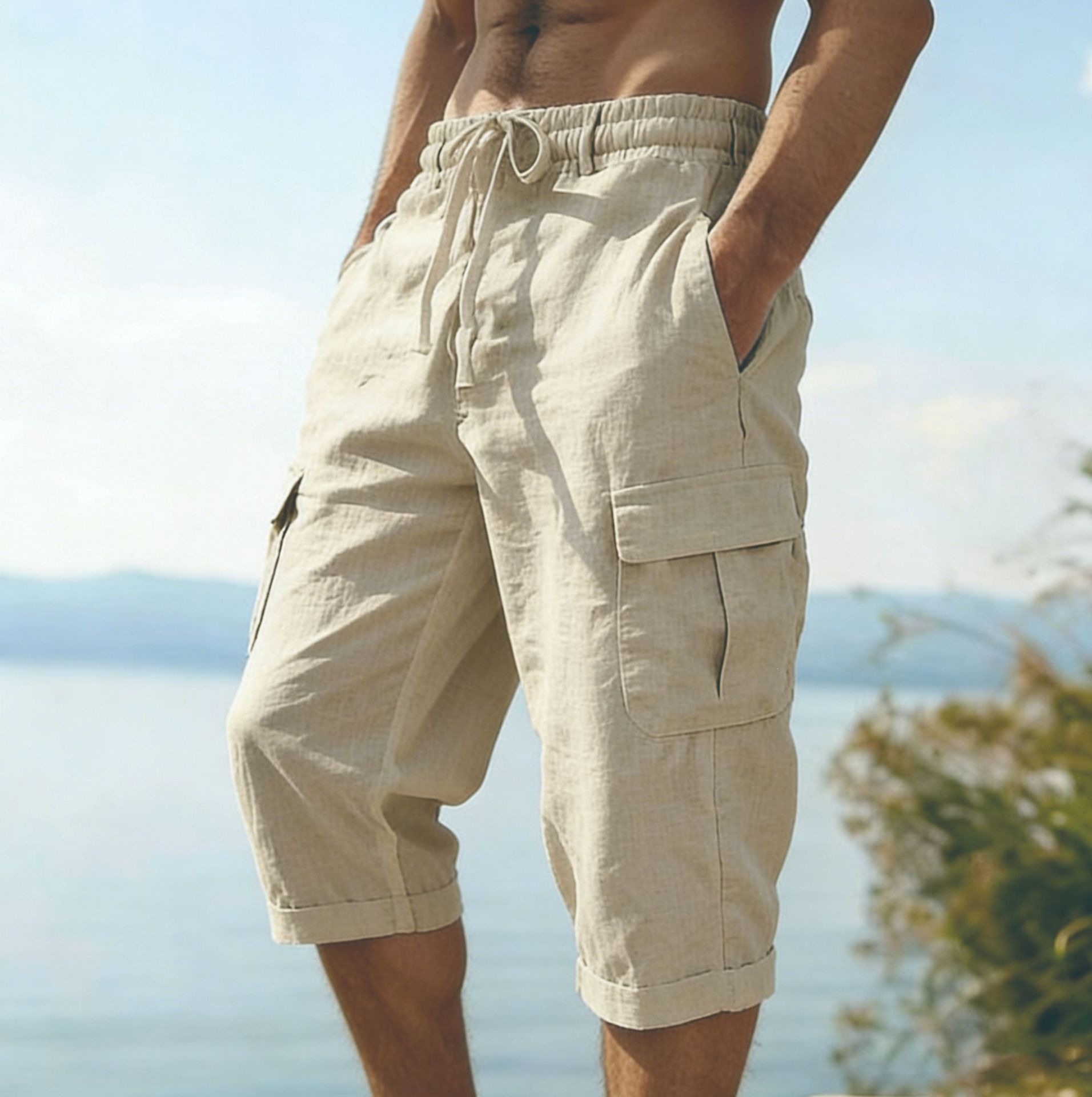 Men Summer Cotton Linen Shorts - Short Linen Drawstring avaliação e preço