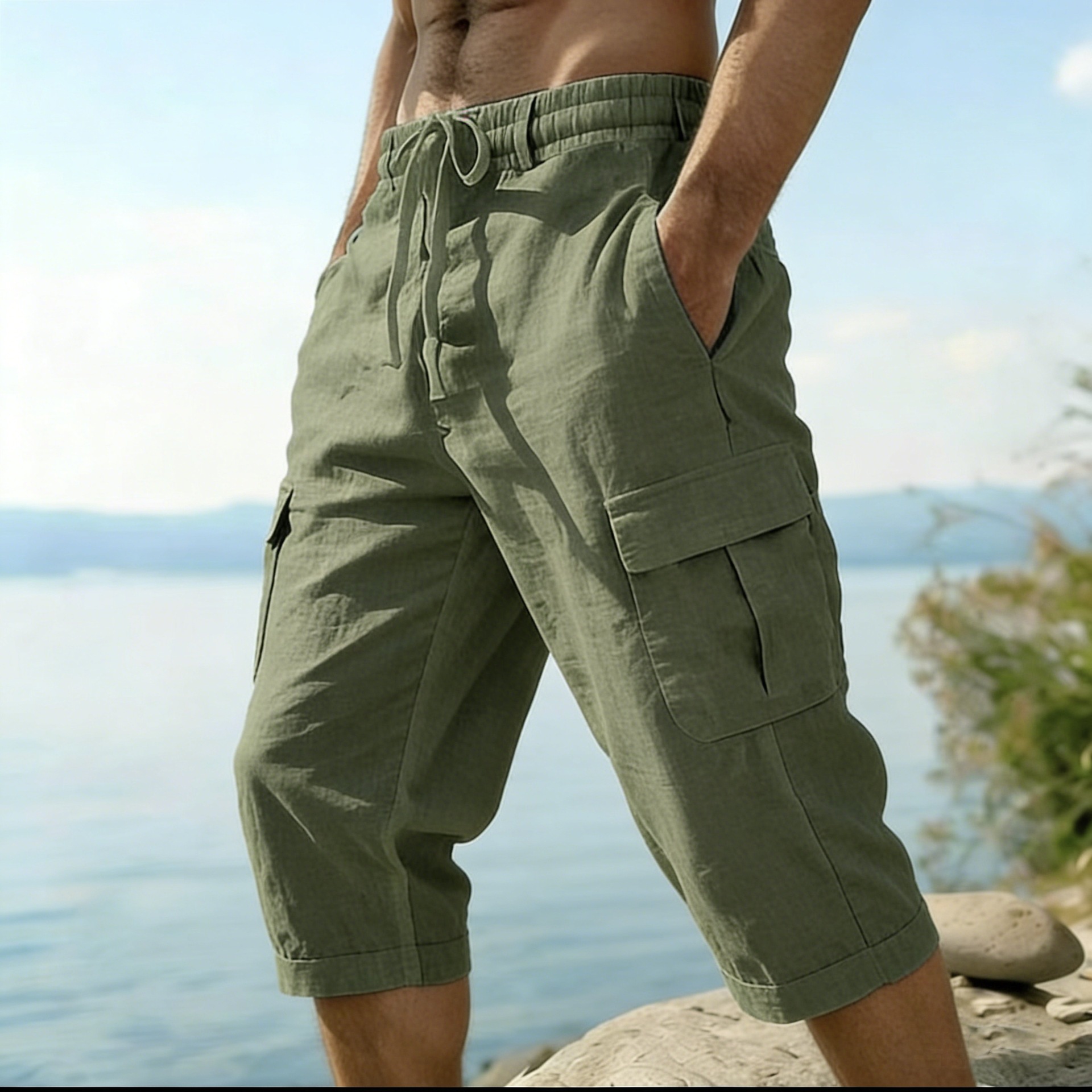 Men Summer Cotton Linen Shorts - Short Linen Drawstring avaliação e preço