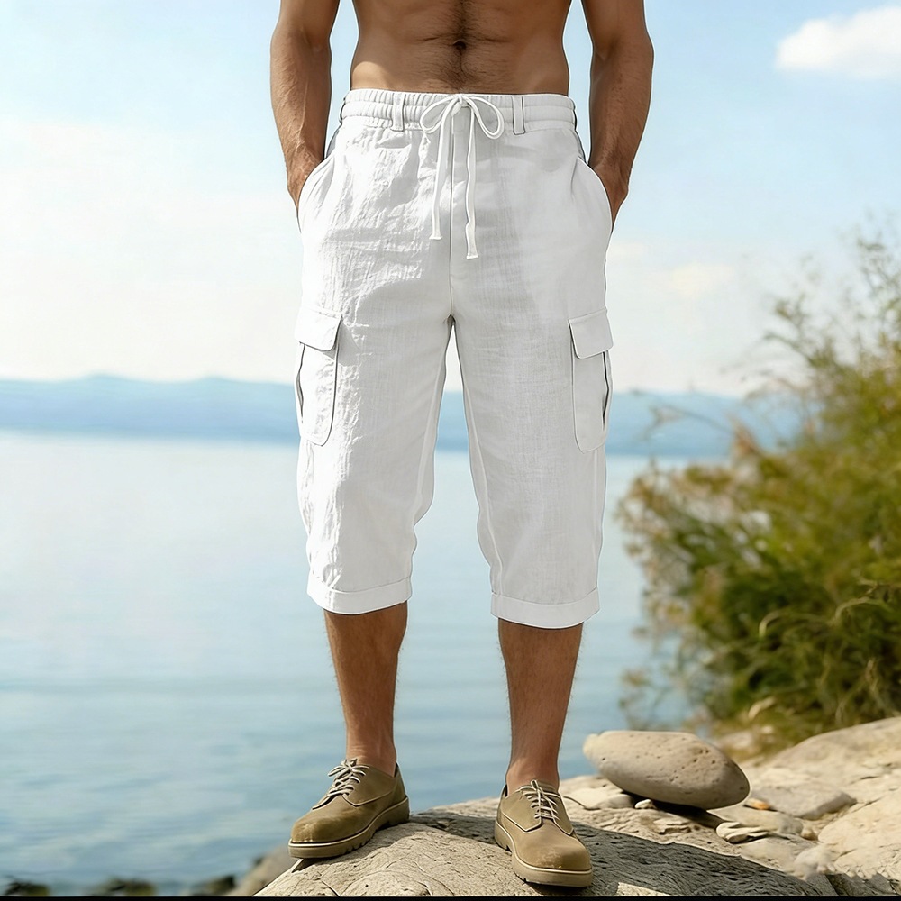 Men Summer Cotton Linen Shorts - Short Linen Drawstring avaliação e preço
